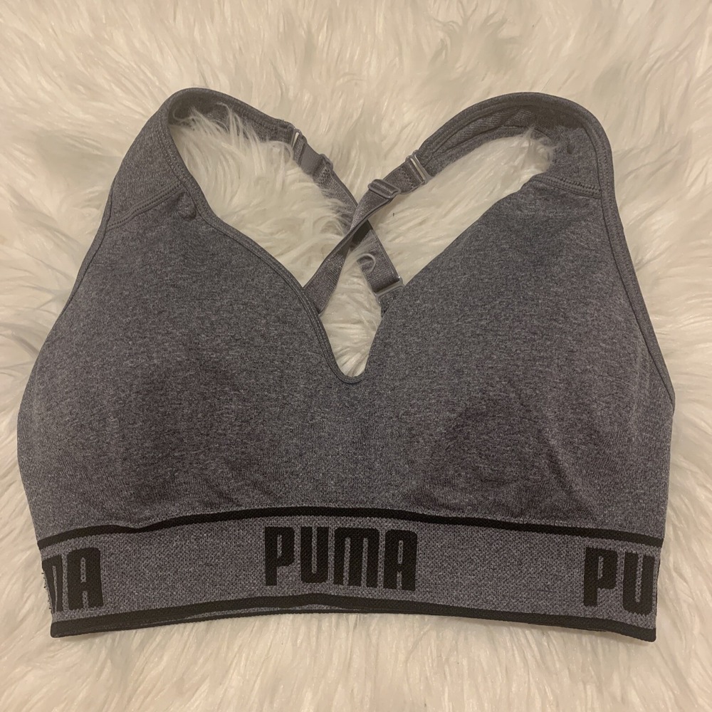 puma medium crossback bra gray logo belt compression unlined nwot